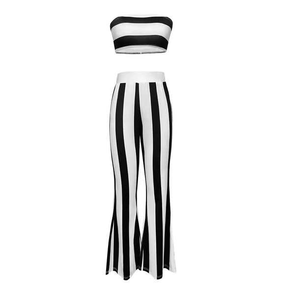 Black & White Striped Crop Tube Top & Flare Leg Pants - Picture 3 of 5